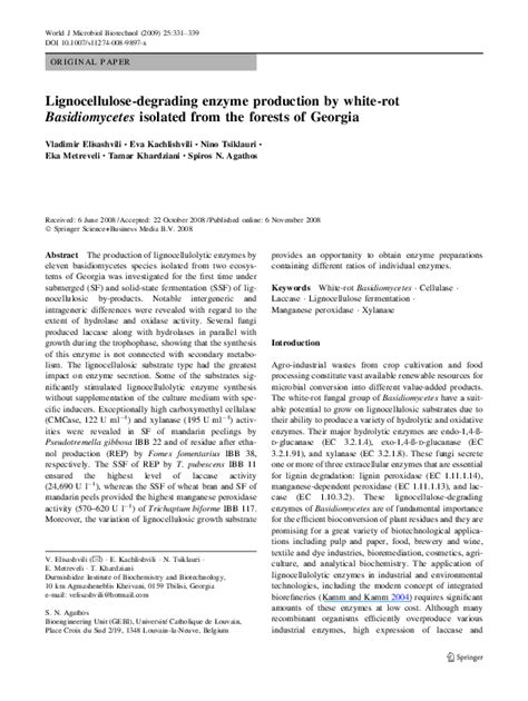 Pdf Lignocellulose Degrading Enzyme Production By White Rot Basidiomycetes Isolated From The