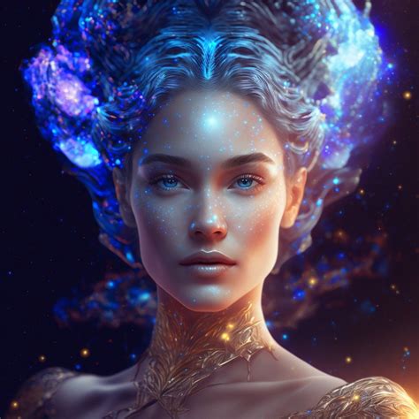 A Woman With Blue Hair And Glowing Stars On Her Head In Front Of A