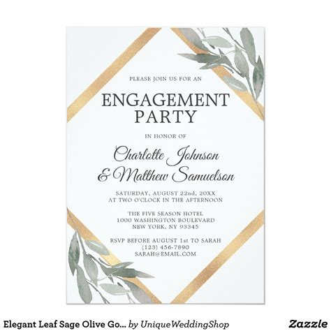 Elegant Leaf Sage Olive Gold Foil Engagement Party Invitation