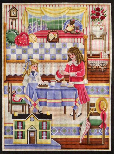Needlepointus Tea Party Hand Painted Canvas From Rebecca Wood Hand