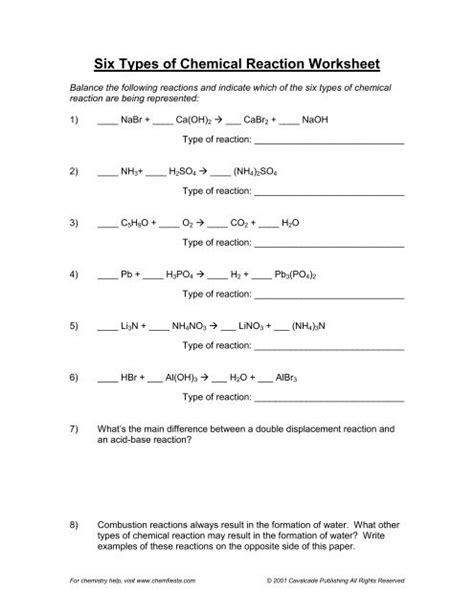 The automatic perception of chemical similarities between chemical reactions is required for a variety of applications in chemistry and connected fields, namely with databases of metabolic reactions. Six types of chemical reaction worksheet