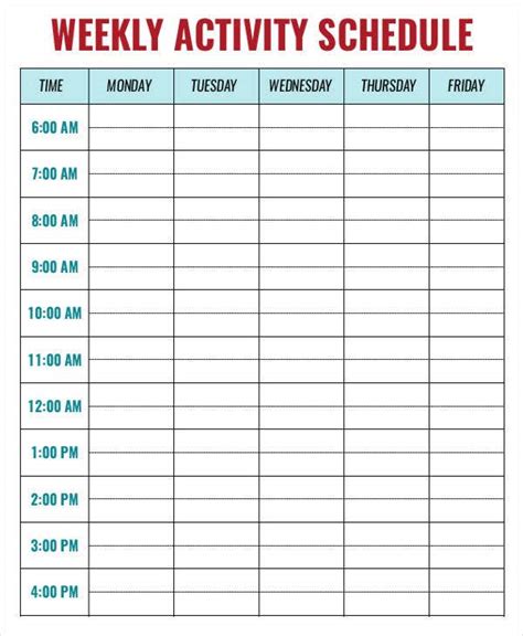 Weekly Activity Schedule Template 8 Free Sample Example Format