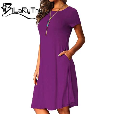 Bilarythy Summer Dress Womens Casual O Neck Short Sleeve A Line Dresses Solid Color Female