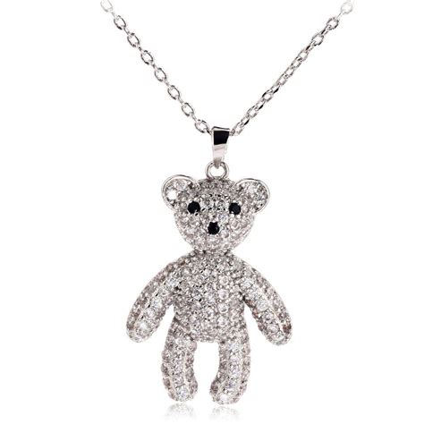 Wholesale Silver Sparkling Crystal Teddy Bear Necklace