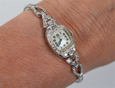 Antique Art Deco Diamond Platinum Elgin Ladies Wrist Watch For Sale At