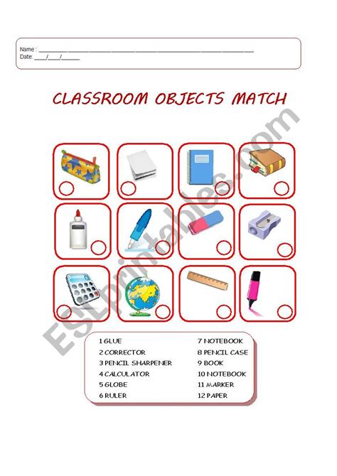 Classroom Object Match Esl Worksheet By Fechaves