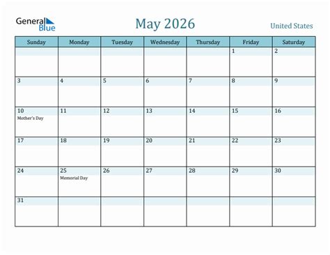 May 2026 Monthly Calendar With United States Holidays