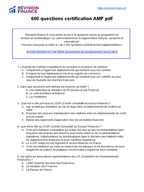 600 Questions Certification Amf Pdf Banques Argent