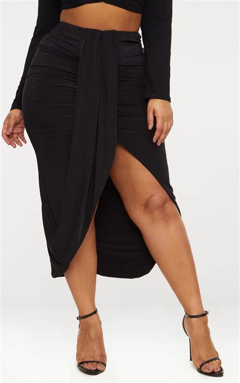Plus Black Slinky Ruched Wrap Front Midi Skirt Prettylittlething Usa