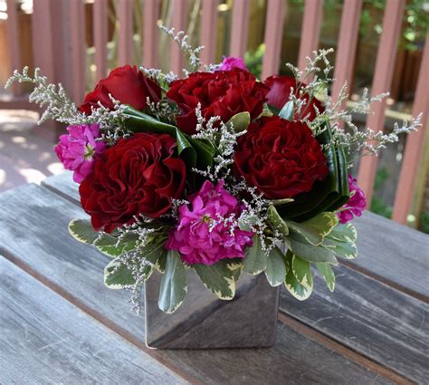 Mothers Day Flower Arrangement With Red Heart Roses Hot Pink Stock