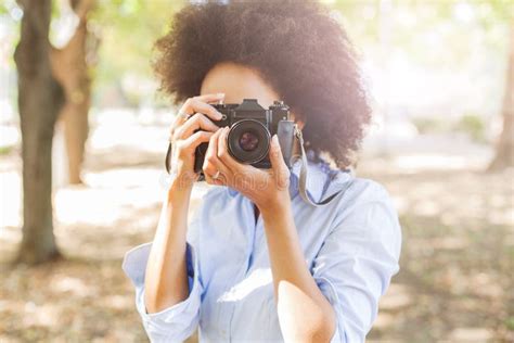 Charming Black Woman With Retro Camera In Nature Stock Photo Image Of