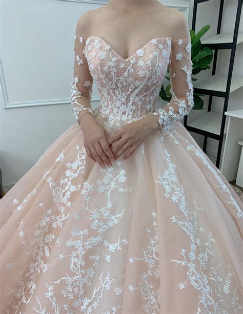 New styles at hebeos.com, we carry the latest trends in wedding dresses to show off that fun and flirty style of yours. Gracious long sleeves 3D floral lace applique light pink ...