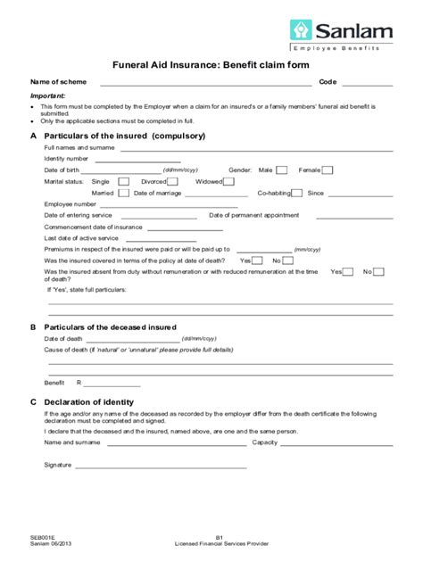 Fillable Online Funeral Claim Form Seb001e1 Pdf 062013pdf Fax Email