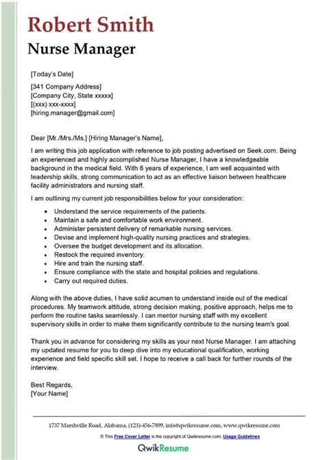 Nurse Manager Cover Letter Examples Qwikresume