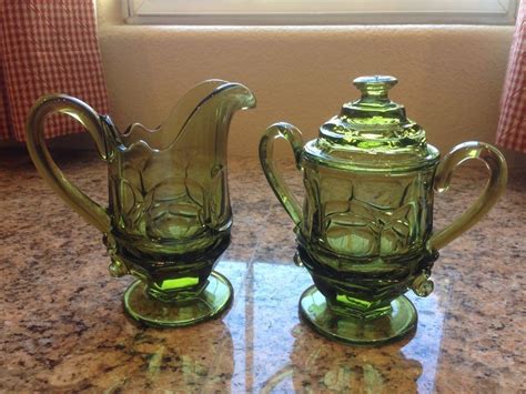 Vintage Fostoria Argus Green Creamer And Covered Sugar Set W Hfm Logo Fostoria Fostoria