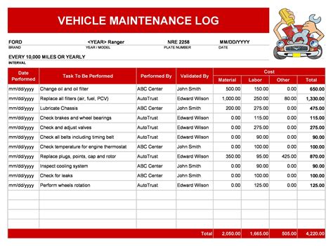 Vehicle Repair Log ~ Ms Excel Templates