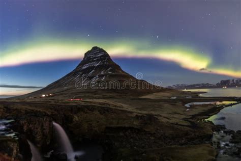 Northern Light Aurora Borealis At Kirkjufell Iceland With Fully Stock