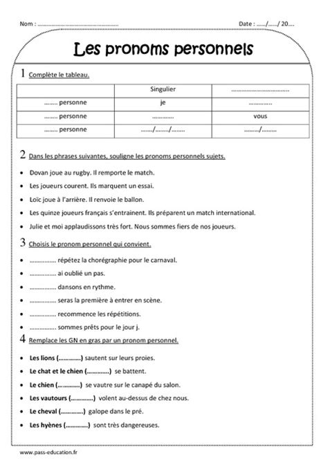 Pronoms Personnels Ce Exercices Avec Correction Pass Education