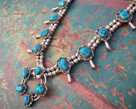 Small 132gm Vintage Turquoise Squash Blossom Necklace Unisex Native American Indian Jewelry