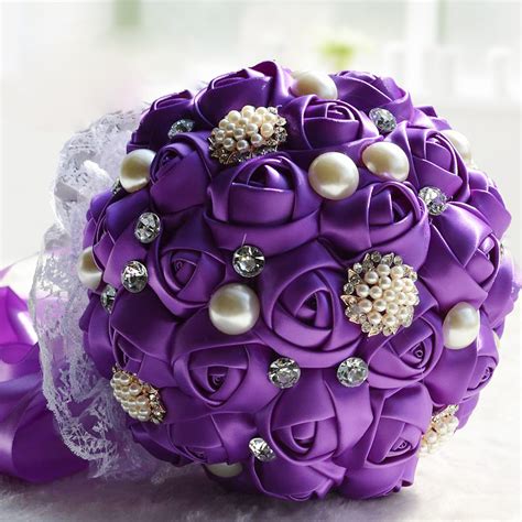 white ivory red pink purple artificial handmade satin roses bridal bouquet with pearls