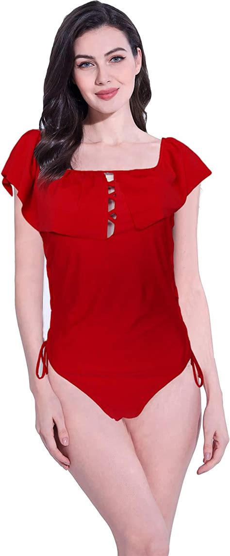 Womens Sexy Swimsuits One Piece Red Monokini Off Shoulder Ruffled