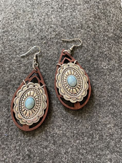 Ornate Teardrop Wood Western Earrings Boho Jewelry Turquoise Etsy