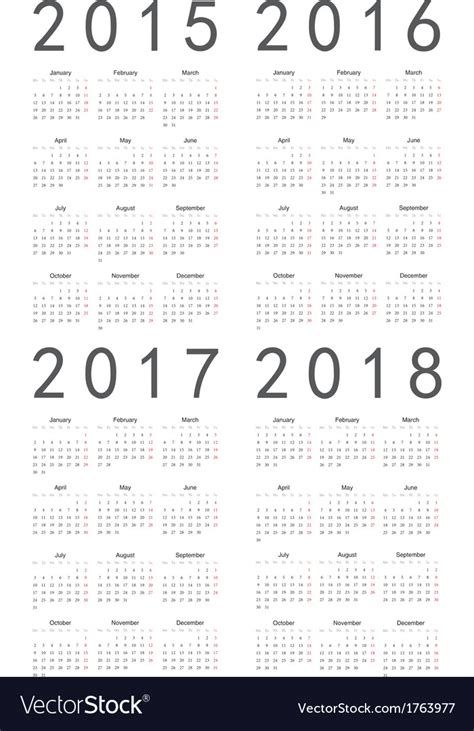 Set Of European 2015 2016 2017 2018 Calendars Vector Image