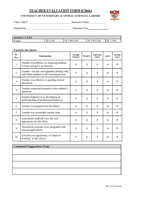 Student Evaluation Form Example Sample Templates