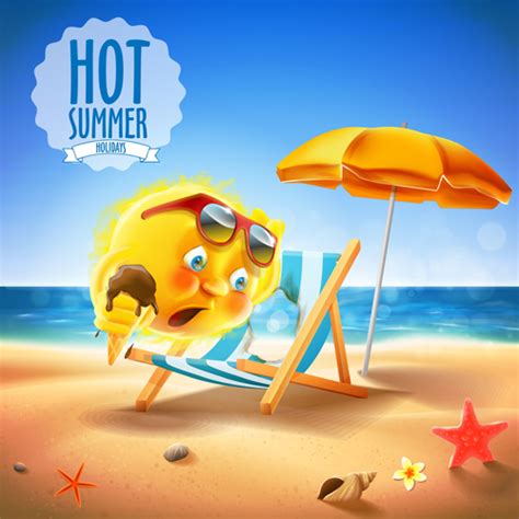 Hot Summer Holiday Background With Funny Sun Vector 01