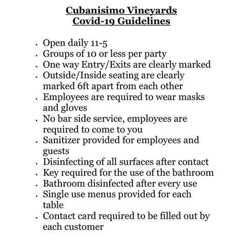 Covid Reopening Guidelines Cubanisimo Vineyards