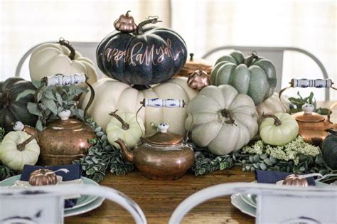 Farmhouse Fall Dining Room Decor Navy And Copper Pumpkins Cotton Stem