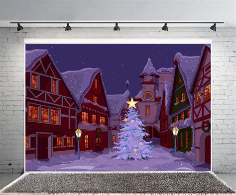 Laeacco 7x5ft Christmas Decoration Tree Backdrop Star Village Road