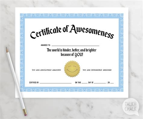 Printable Certificate Of Awesomeness Awesome Recognition For Etsy Canada