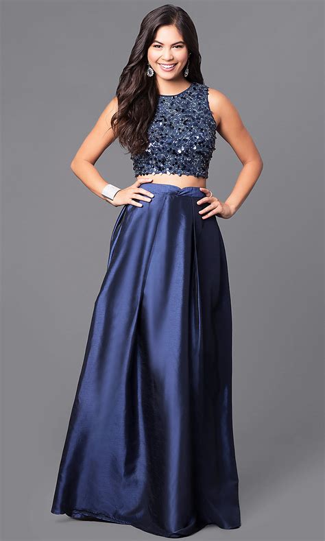 Navy Blue Two Piece Sequined Prom Dress Promgirl