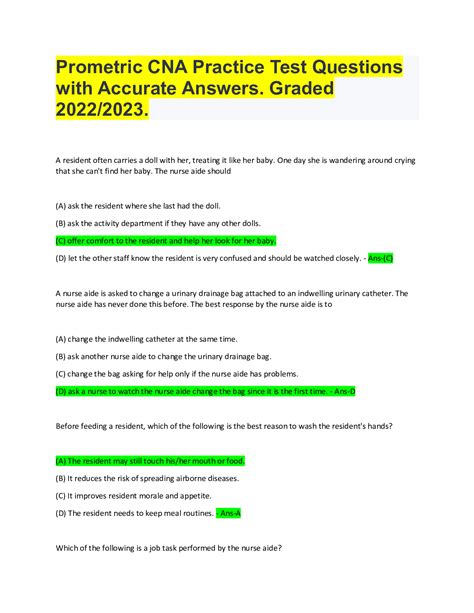 Prometric Cna Practice Test Questions With Accurate Answers Graded