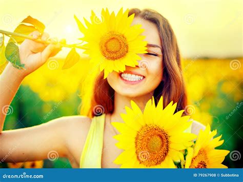 Beauty Joyful Teenage Girl With Sunflower Stock Photo Image Of Flare