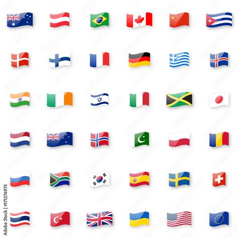 World Flags Vector Icon Set Shiny Glossy Small Waving Flag Icons With