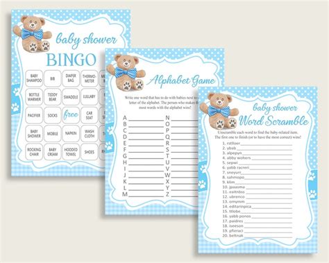 Teddy Bear Baby Shower Games Printable Pack Blue Brown Baby Etsy