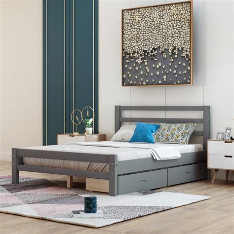 Full Size Platform Bed With 2 Drawers And Wheels Gray Solid Wooden Bed
