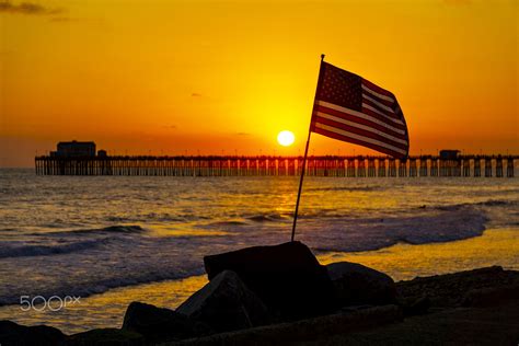 American Flag At Sunset In Oceanside Oceanside Pier Usa Flag At