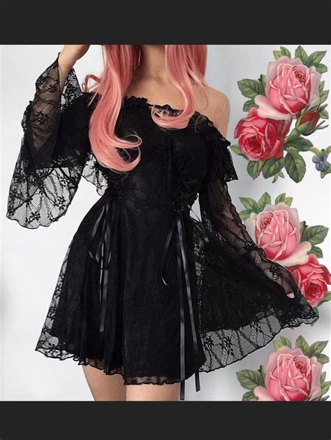 Black Sweet Gothic Off The Shoulder Lace Short Dress Uk