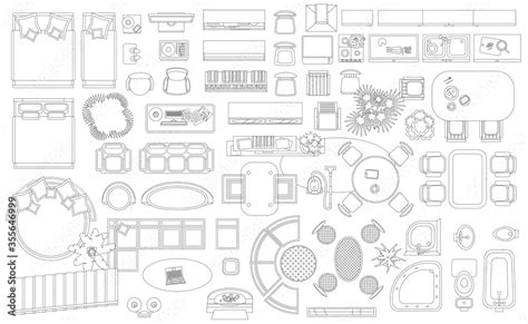 Set Of Linear Icons Interior Top View Isolated Vector Illustration