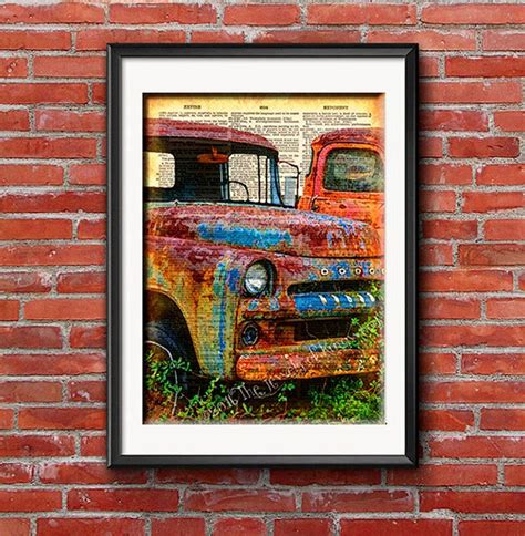 'old blue truck' painting print on wrapped canvas is a beautiful reproduction featuring a cartoon style truck with pine trees in the bed. Vintage Pickup Truck Print, Old Dodge Pickup Truck Wall Hanging, Vintage Truck Print, Newspape ...