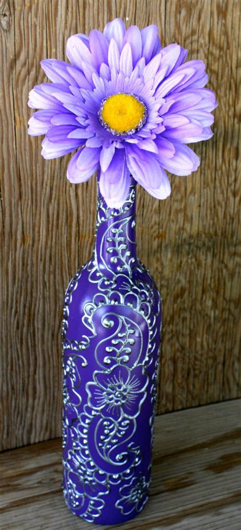 Hand Painted Wine Bottle Vase Up Cycled Purple Background Etsy Hand