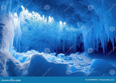 Fantastic Scenery Of Frozen Icicles In Ice Cave On Polar Circle Stock