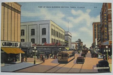 Tampa Fl Part Of Main Business Section Old 1940s Postcard Street Car