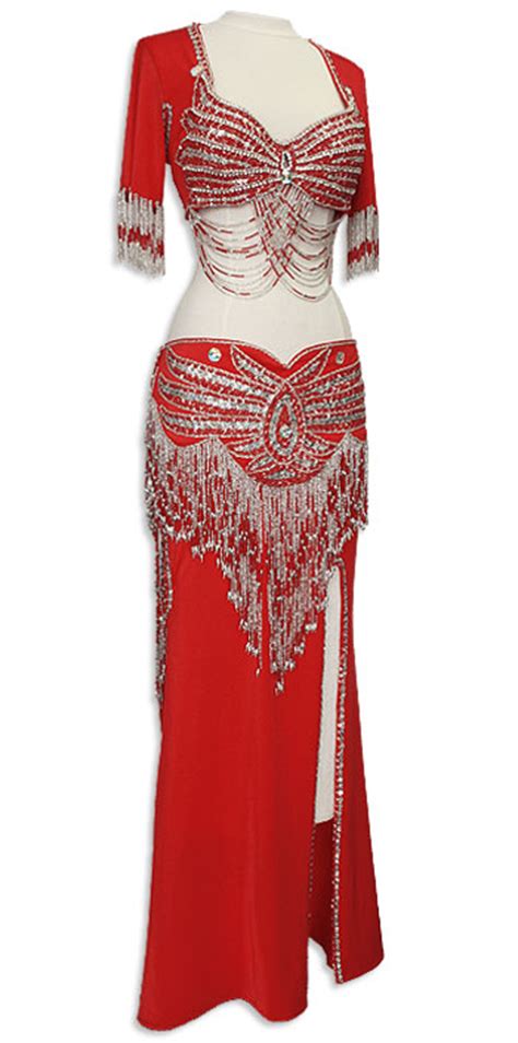 red and silver jeweled sequin and fringe egyptian bra and skirt in stock belly dance costume at