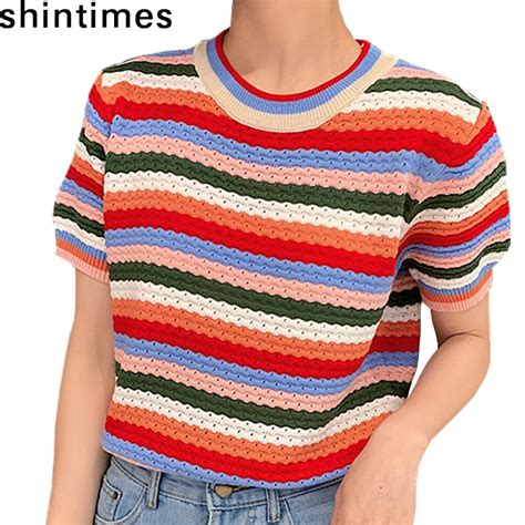 2022 summer rainbow striped knitted t shirt women tops hollow out t shirts korean fashion short