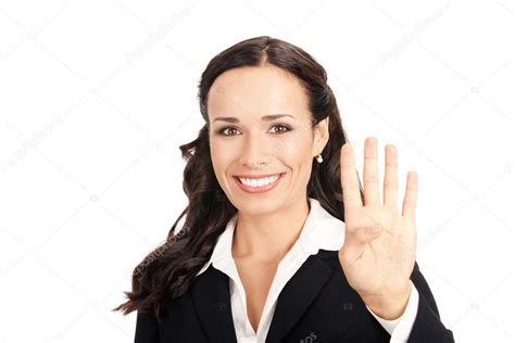 Businesswoman Showing Four Fingers On White Stock Photo By G Studio