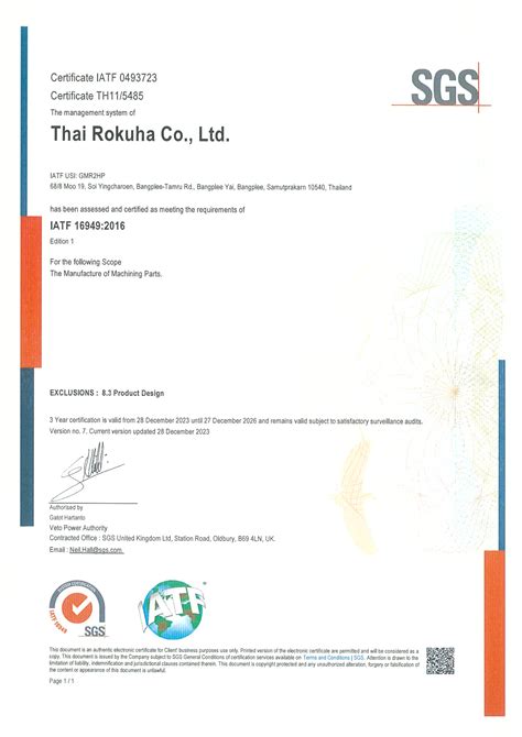 Certificate Thai Rokuha Co Ltd